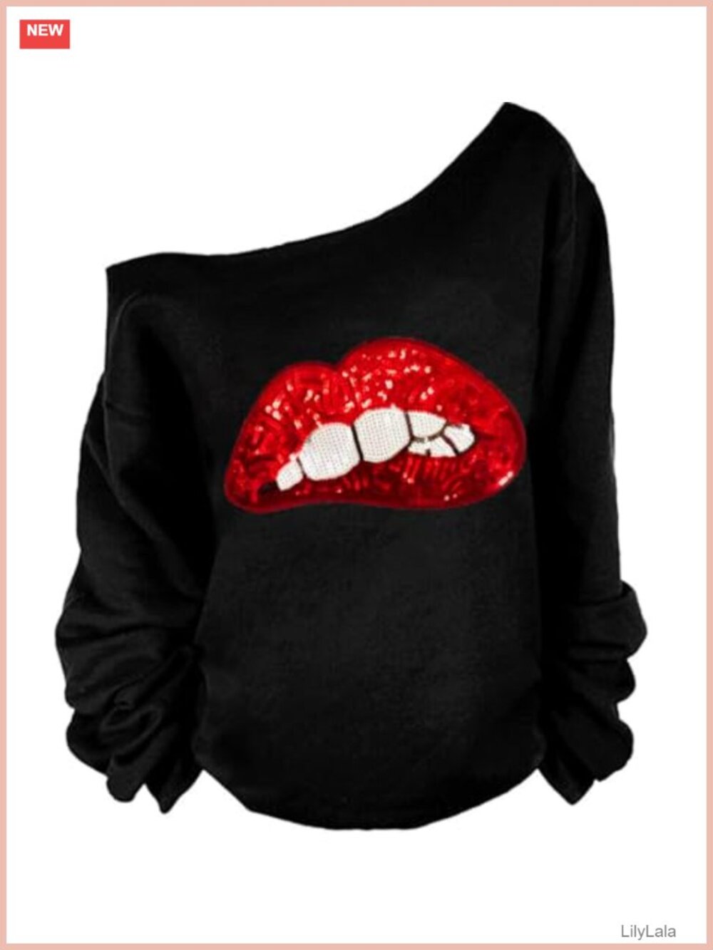 Off Shoulder Lips Print Slouchy Sweatshirt Long Sleeve Pullover Tunic Top